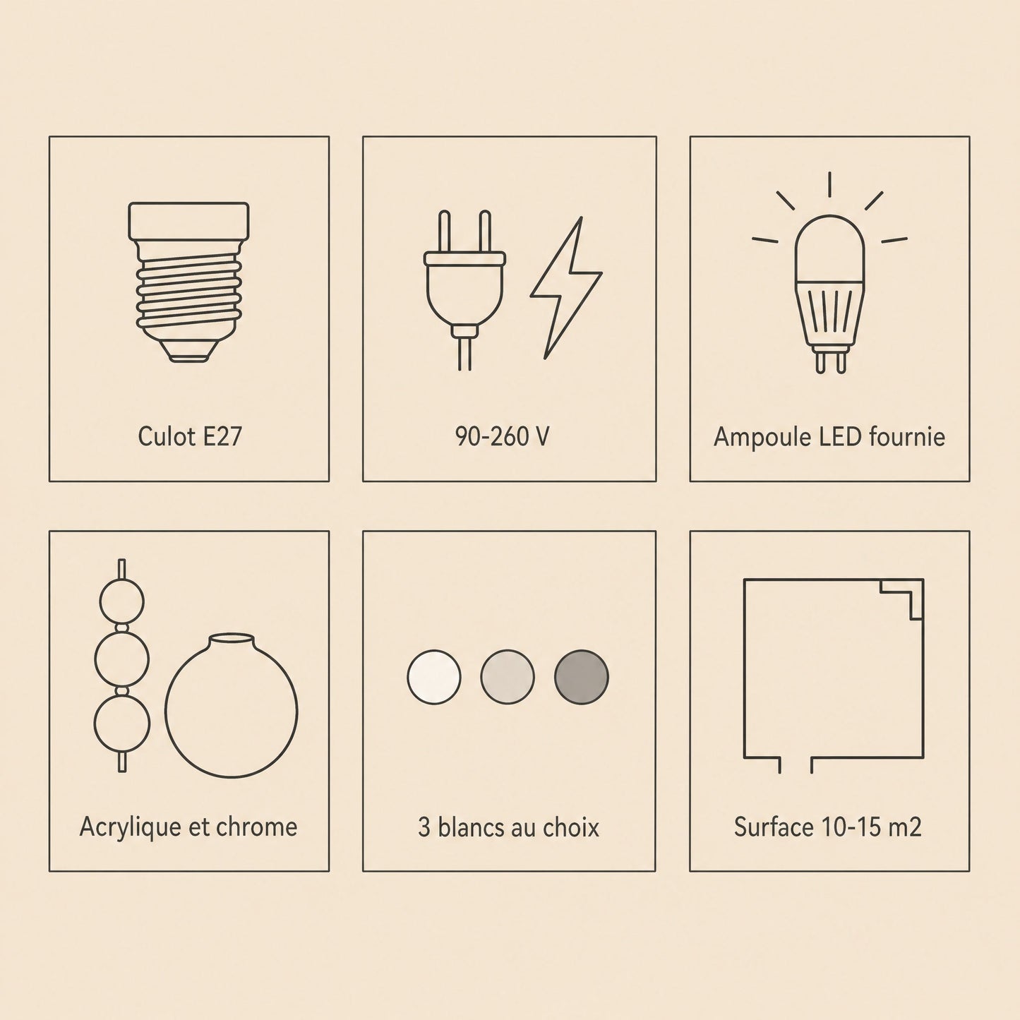 Caractéristiques de la suspension art déco, culot E27, voltage et ampoule LED fournie | Delvanie