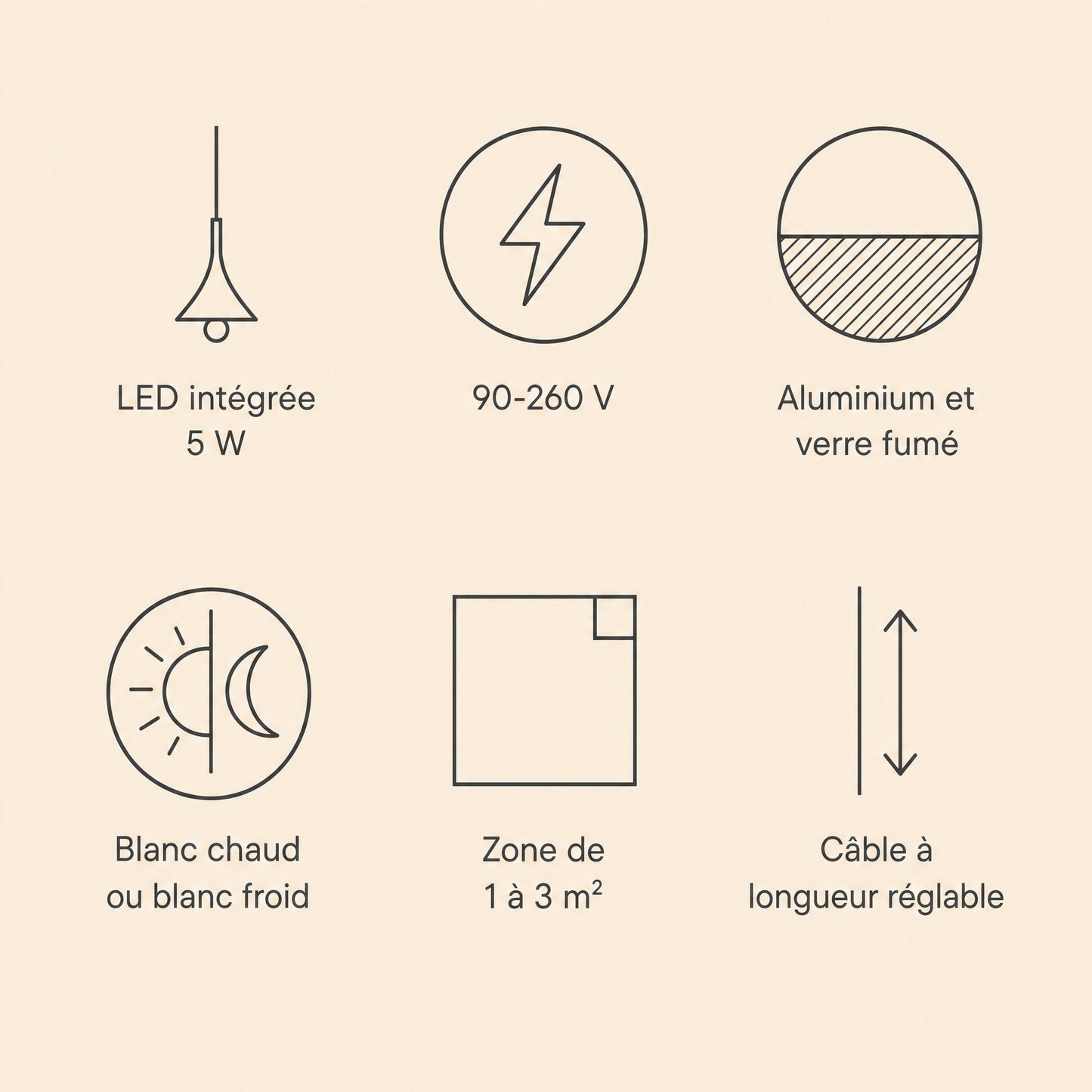 Caractéristiques de la suspension Cendrys, LED intégrée 5 W, 90-260 V, aluminium et verre fumé | Delvanie