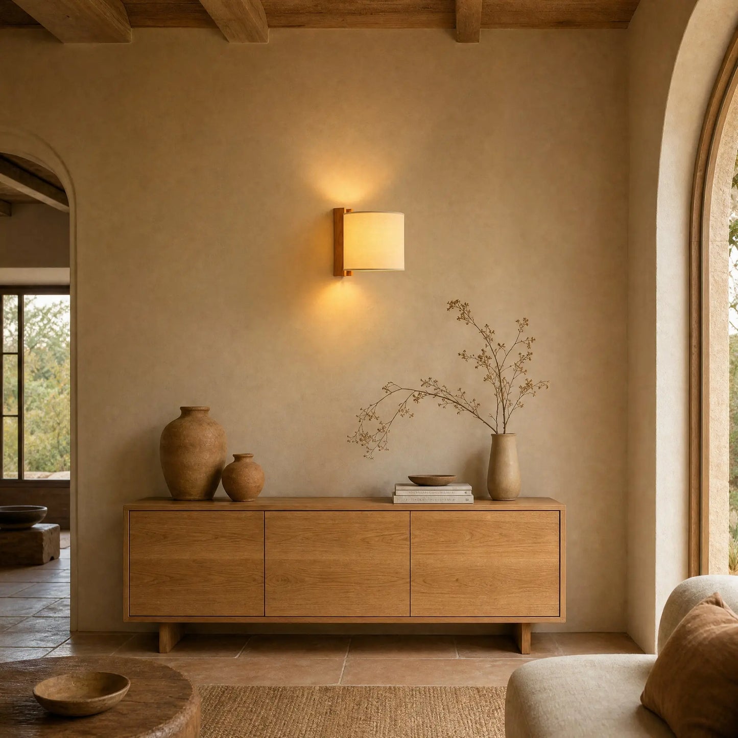 Applique murale en bois allumée dans un salon wabi-sabi au crépuscule | Delvanie