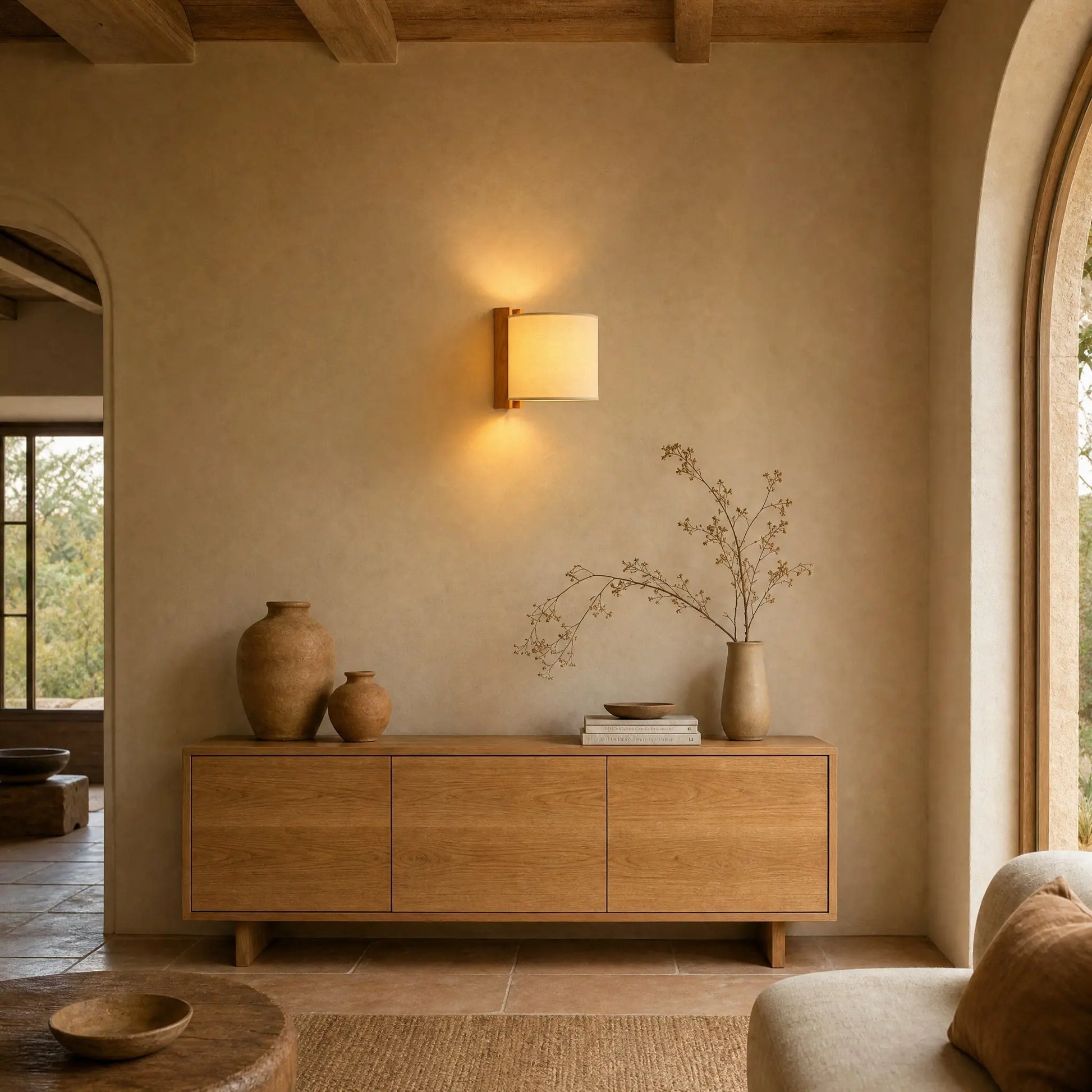 Applique murale en bois allumée dans un salon wabi-sabi au crépuscule | Delvanie