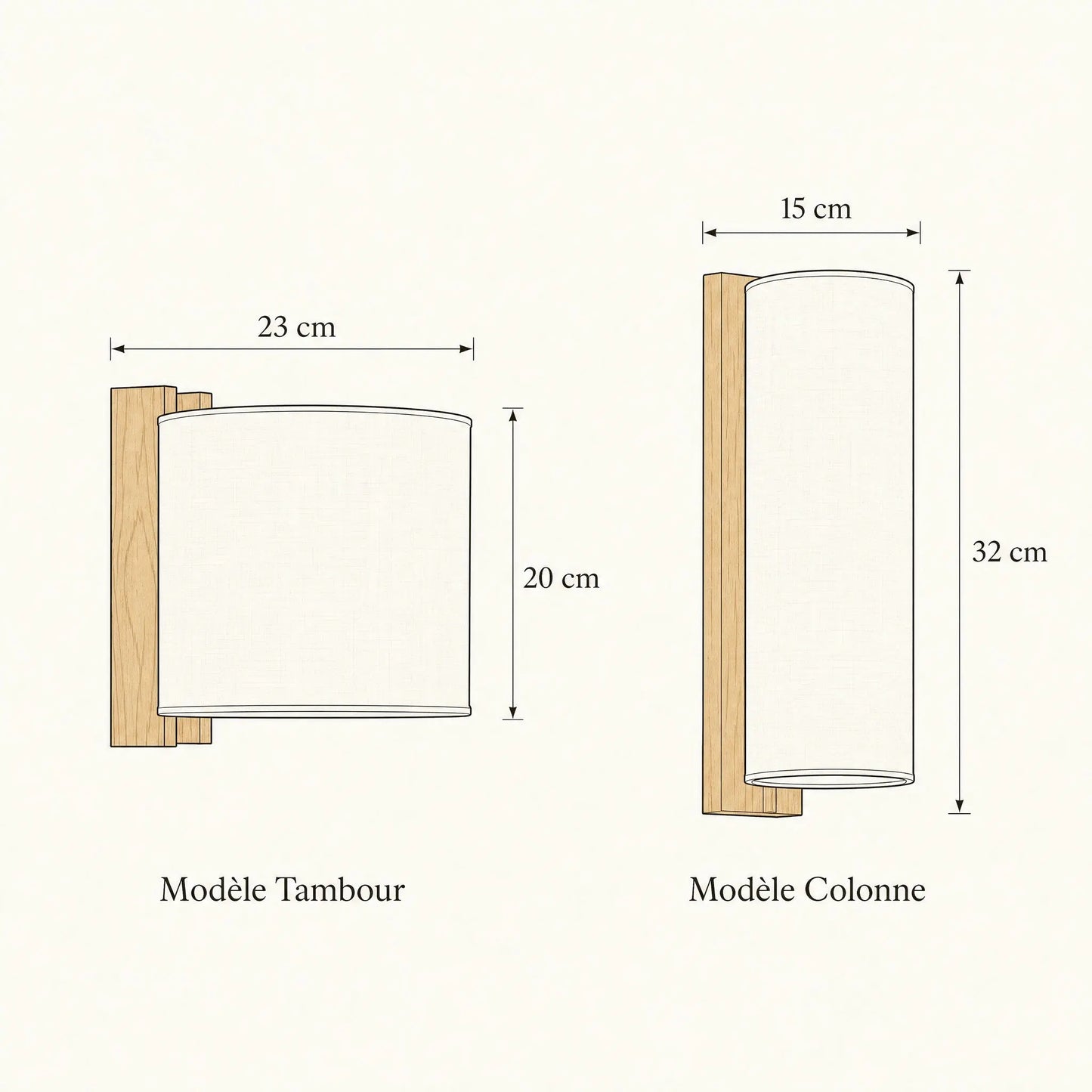Dimensions des appliques murales bois Tambour 23x20 cm et Colonne 15x32 cm | Delvanie