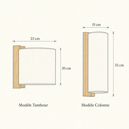 Dimensions des appliques murales bois Tambour 23x20 cm et Colonne 15x32 cm | Delvanie