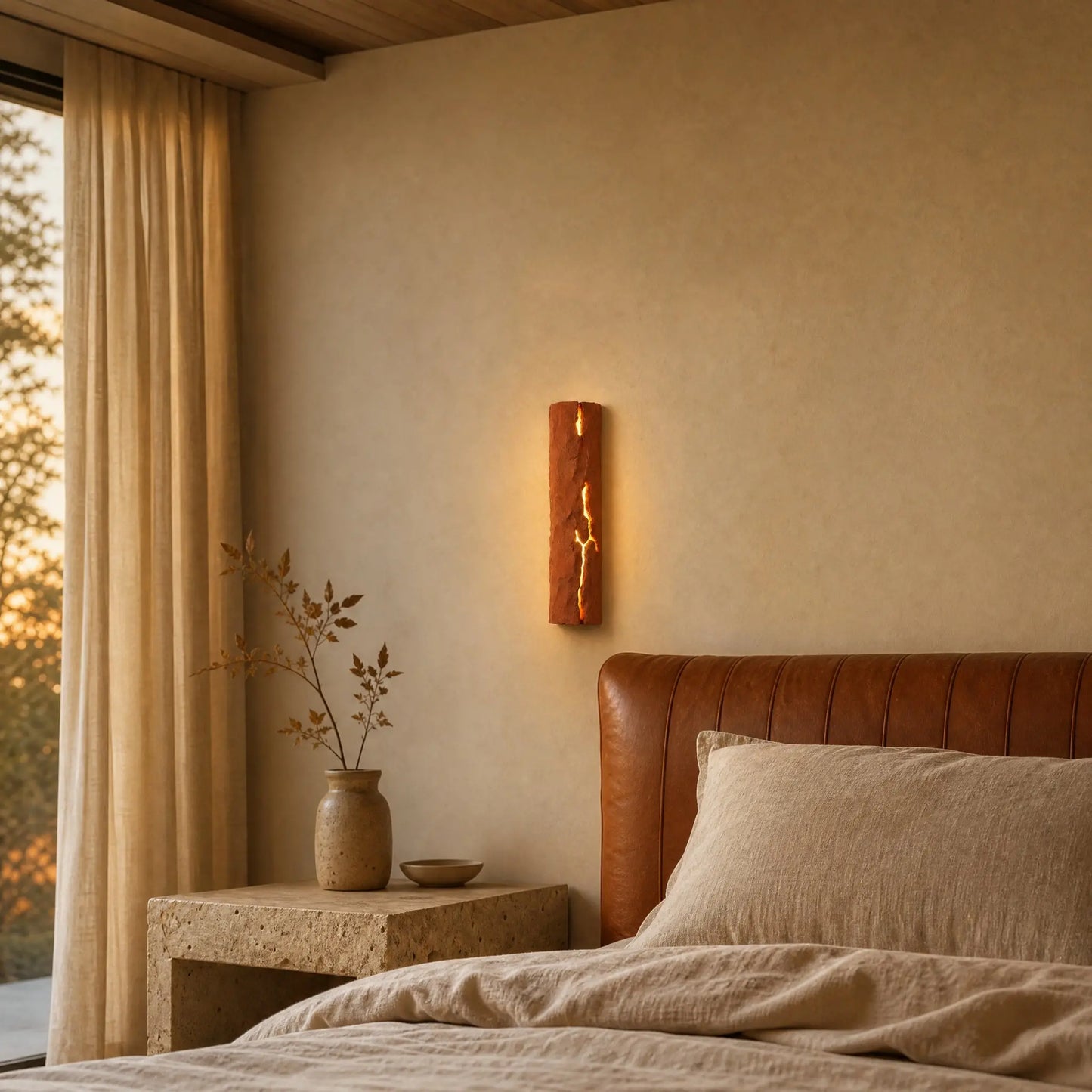 Applique murale chambre terracotta allumée au-dessus d'un chevet, ambiance wabi-sabi | Delvanie