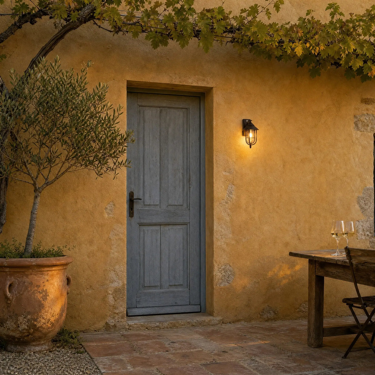 Applique murale extérieure étanche en bronze vieilli sur un mur ocre de mas provençal | Delvanie