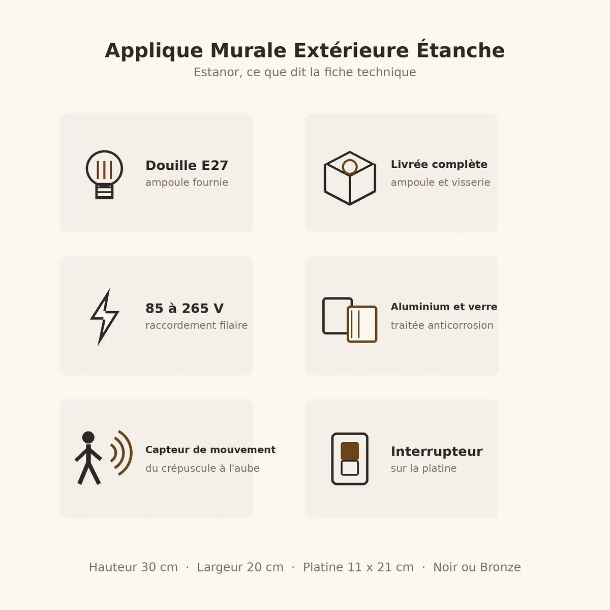 Caractéristiques de l'applique murale extérieure Estanor, douille E27, capteur, 85 à 265 V | Delvanie