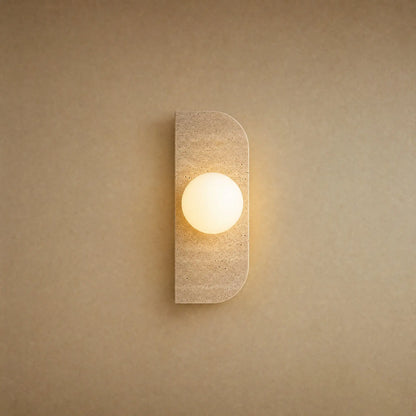 Applique murale globe en travertin naturel, une sphère de verre opalin, modèle Barre 1 Globe