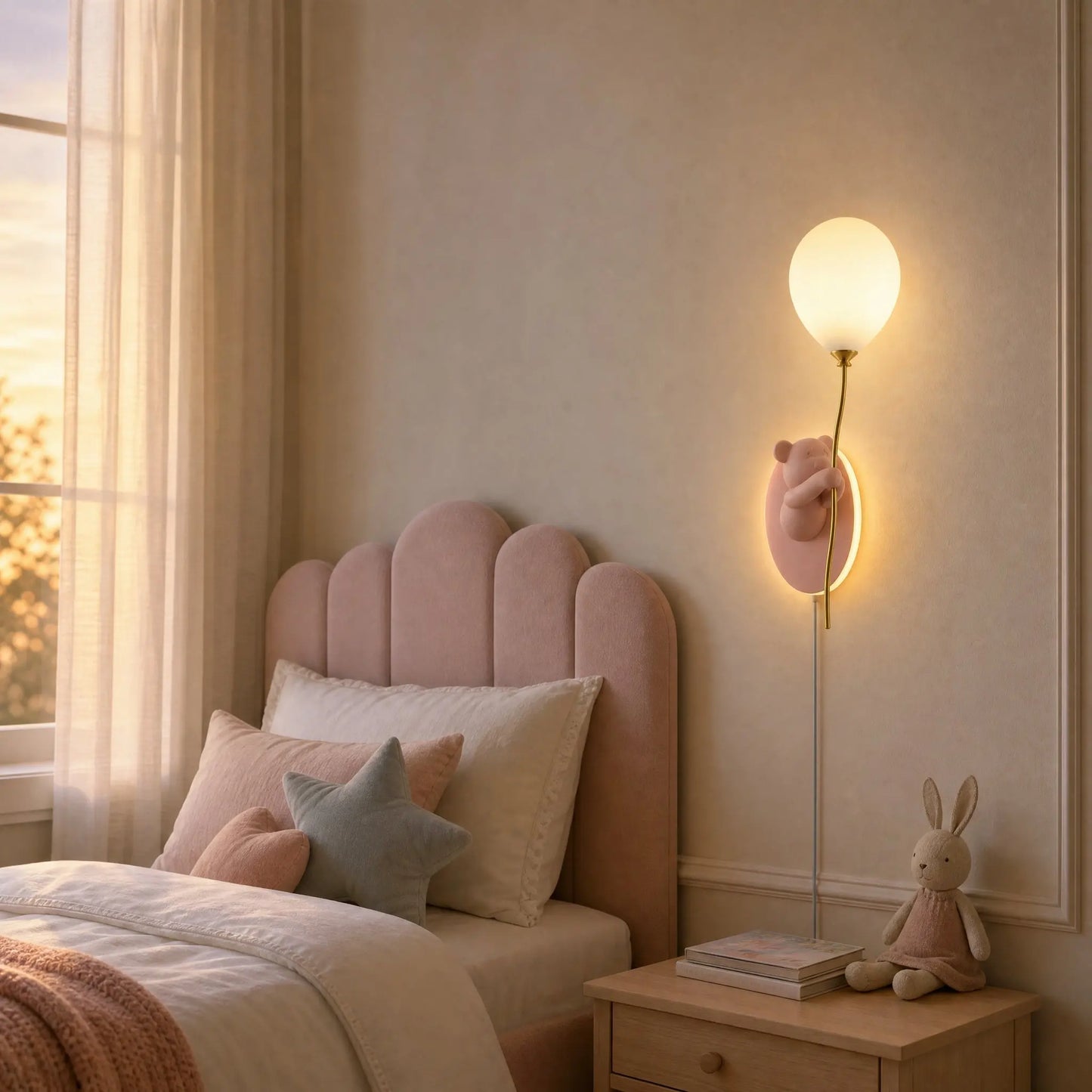 Applique ours ballon rose allumée au chevet d'une chambre d'enfant poudrée | Delvanie