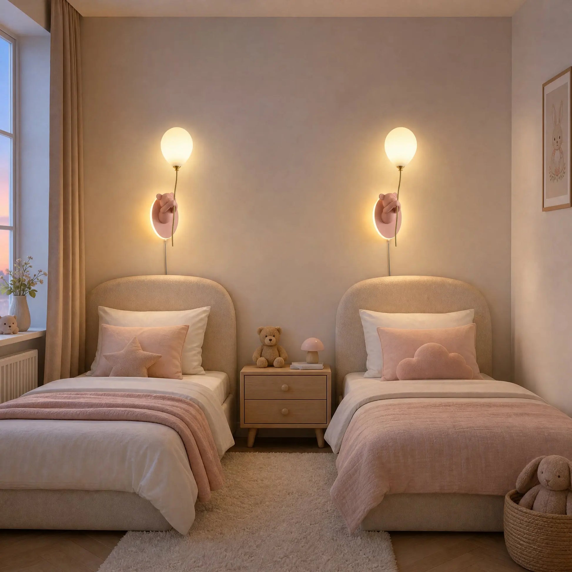 Deux appliques ours ballon roses dans une chambre partagée à deux lits | Delvanie