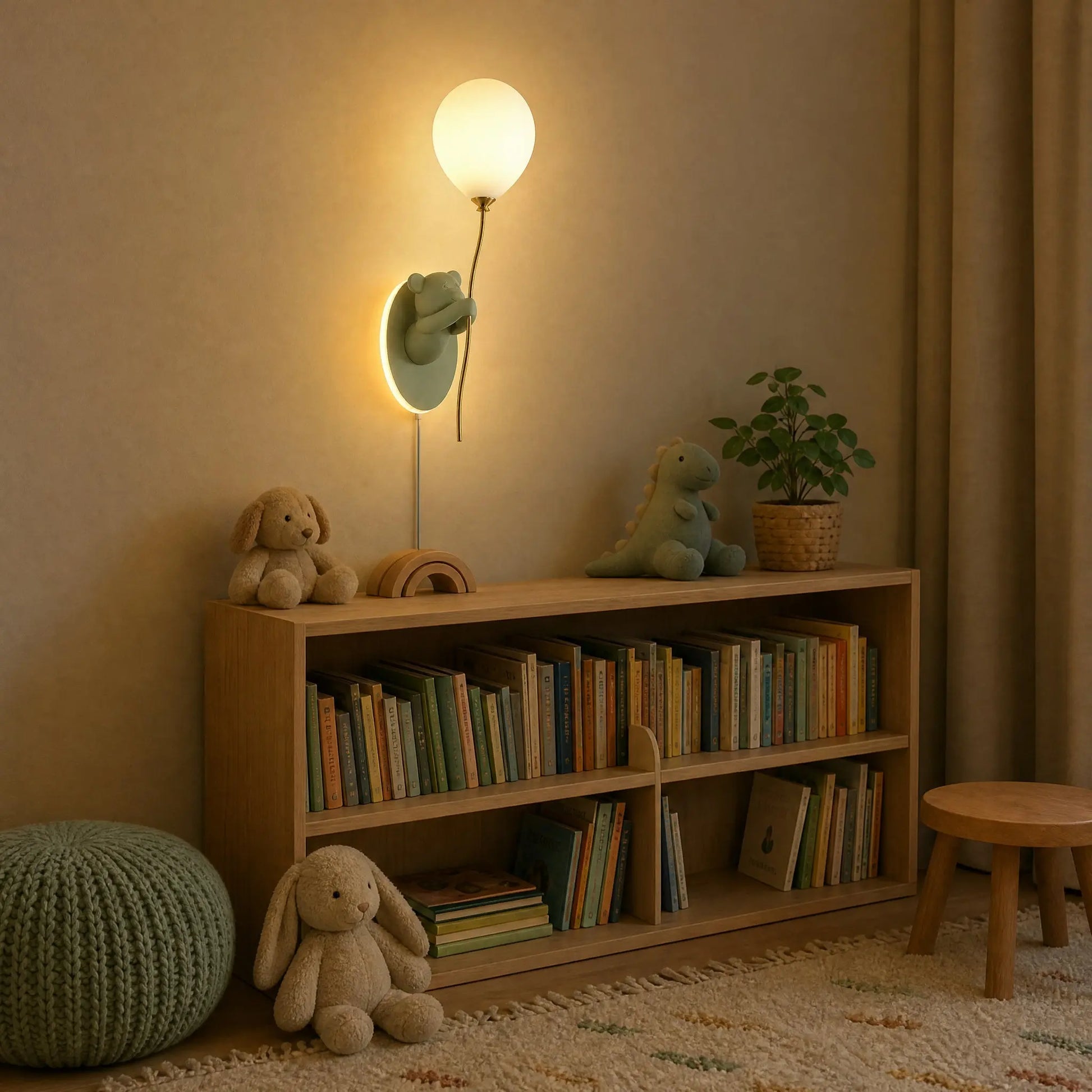 Applique ours ballon vert sauge allumée dans un coin lecture d'enfant | Delvanie