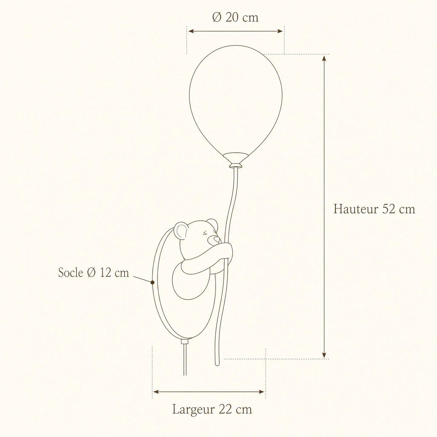 Schéma coté de l'applique ours ballon, hauteur 52 cm | Delvanie