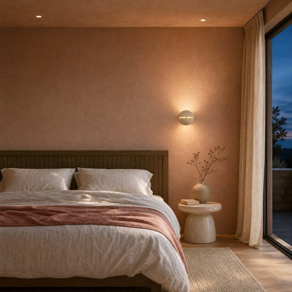 Applique murale en travertin allumée au-dessus d'un chevet, chambre aux murs terracotta à la tombée du jour | Delvanie