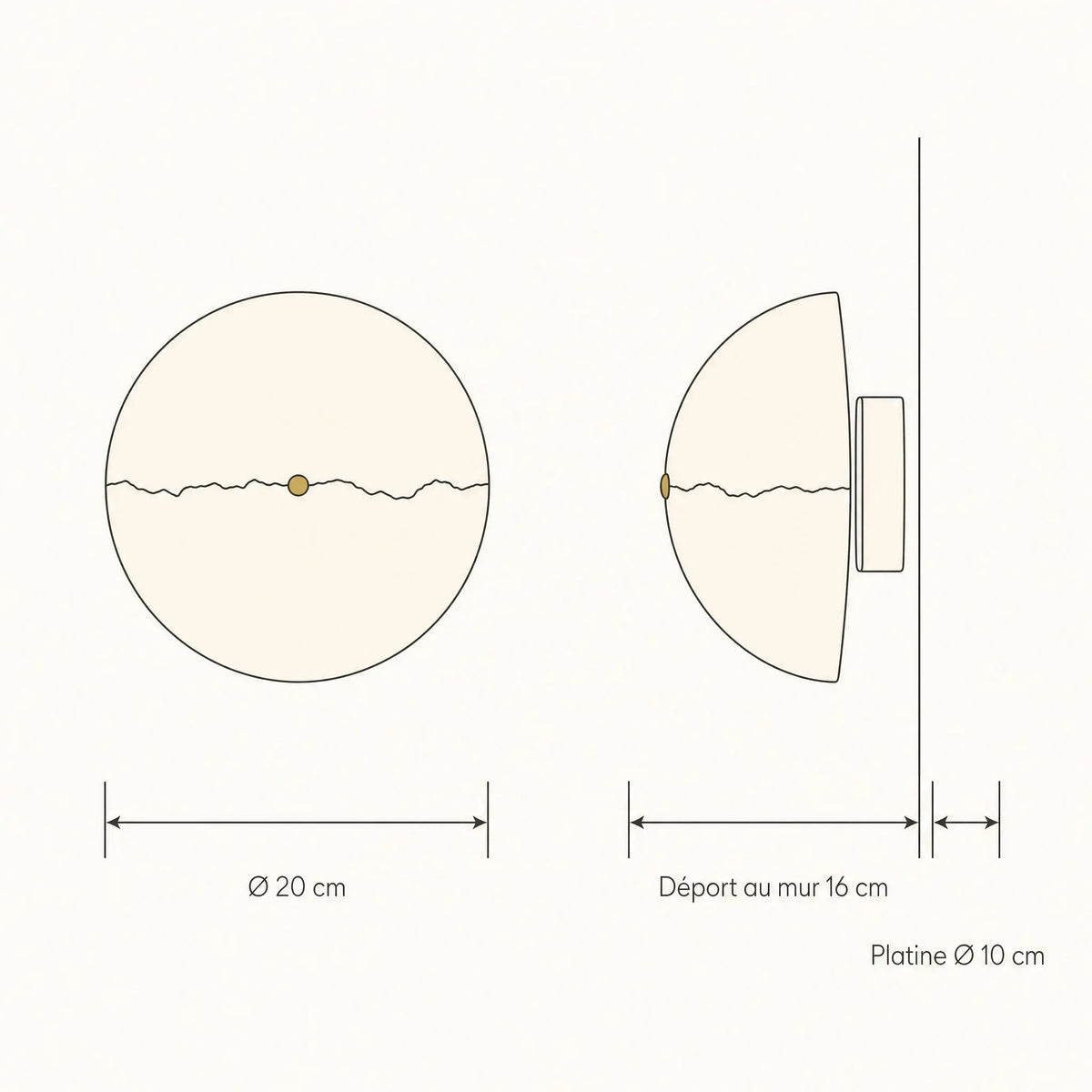 Schéma coté de l'applique murale en pierre : Ø 20 cm, déport au mur 16 cm, platine Ø 10 cm | Delvanie