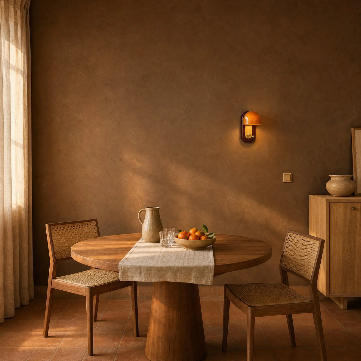 Applique murale Nurako allumée sur un mur de tadelakt chocolat, au-dessus d'une table ronde en teck