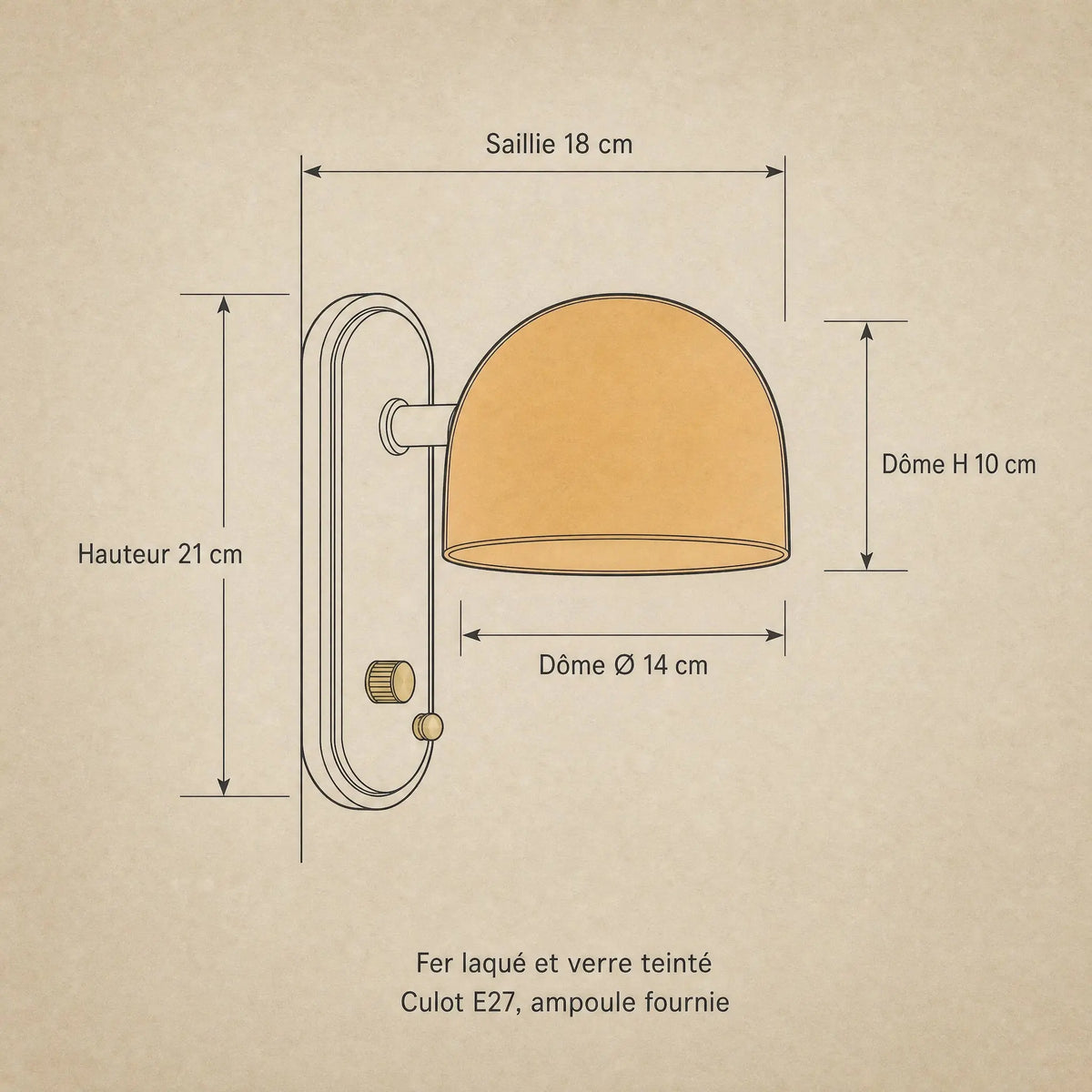 Schéma coté de l'applique murale Nurako, hauteur 21 cm, dôme Ø 14 cm et hauteur 10 cm, saillie 18 cm