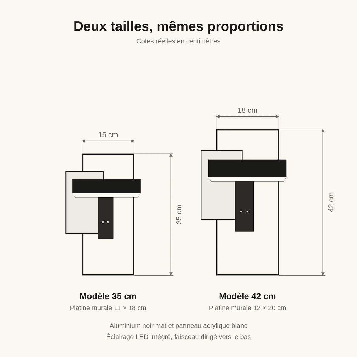 Schéma coté de l'éclairage extérieur mural Fialdo, modèles 35 cm et 42 cm