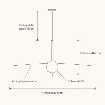 Schéma coté de la suspension Marlova, Ø 40 ou Ø 60 cm, hauteur 36 ou 48 cm, câble ajustable 120 cm | Delvanie