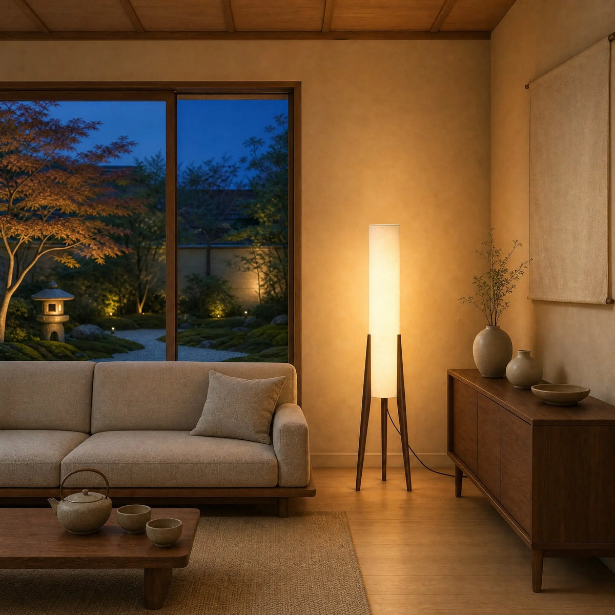 Lampadaire bois allumé dans un salon japandi ouvert sur un jardin de mousse | Delvanie