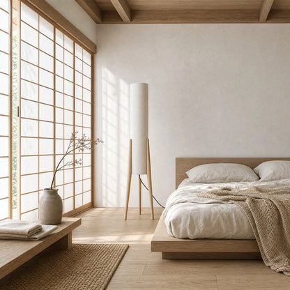 Lampadaire finition bois clair dans une chambre japandi à cloison shoji | Delvanie