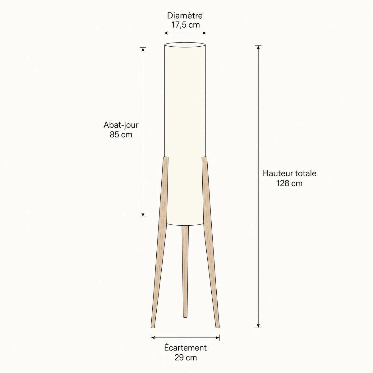 Schéma coté du lampadaire Nagiro, hauteur totale 128 cm et abat-jour 17,5 x 85 cm | Delvanie