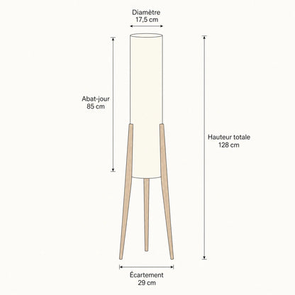 Schéma coté du lampadaire Nagiro, hauteur totale 128 cm et abat-jour 17,5 x 85 cm | Delvanie