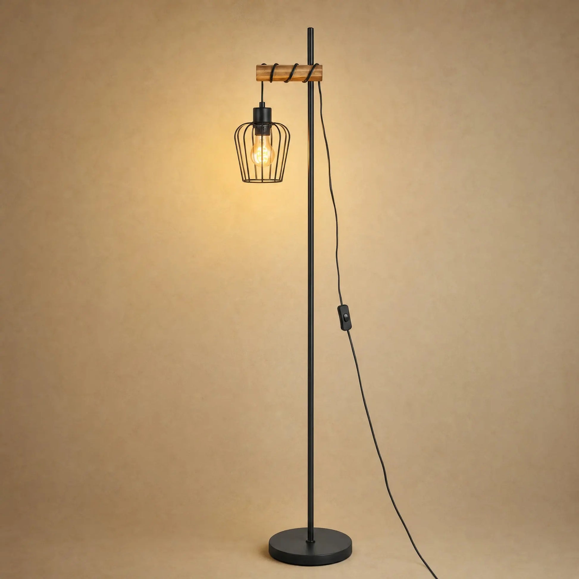 Lampadaire industriel 1 tête, cage en fer noir et ampoule Edison | Delvanie