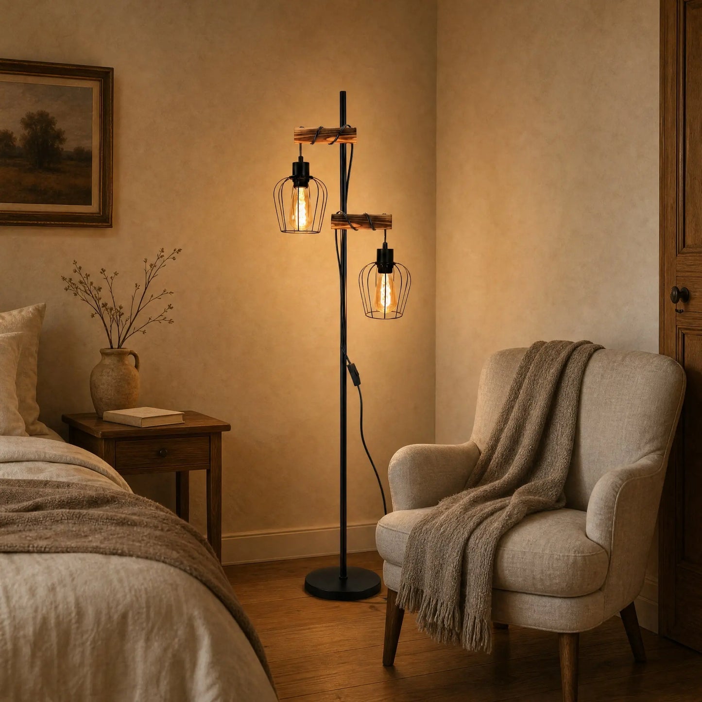 Lampadaire liseuse 2 têtes dans une chambre cosy le soir | Delvanie