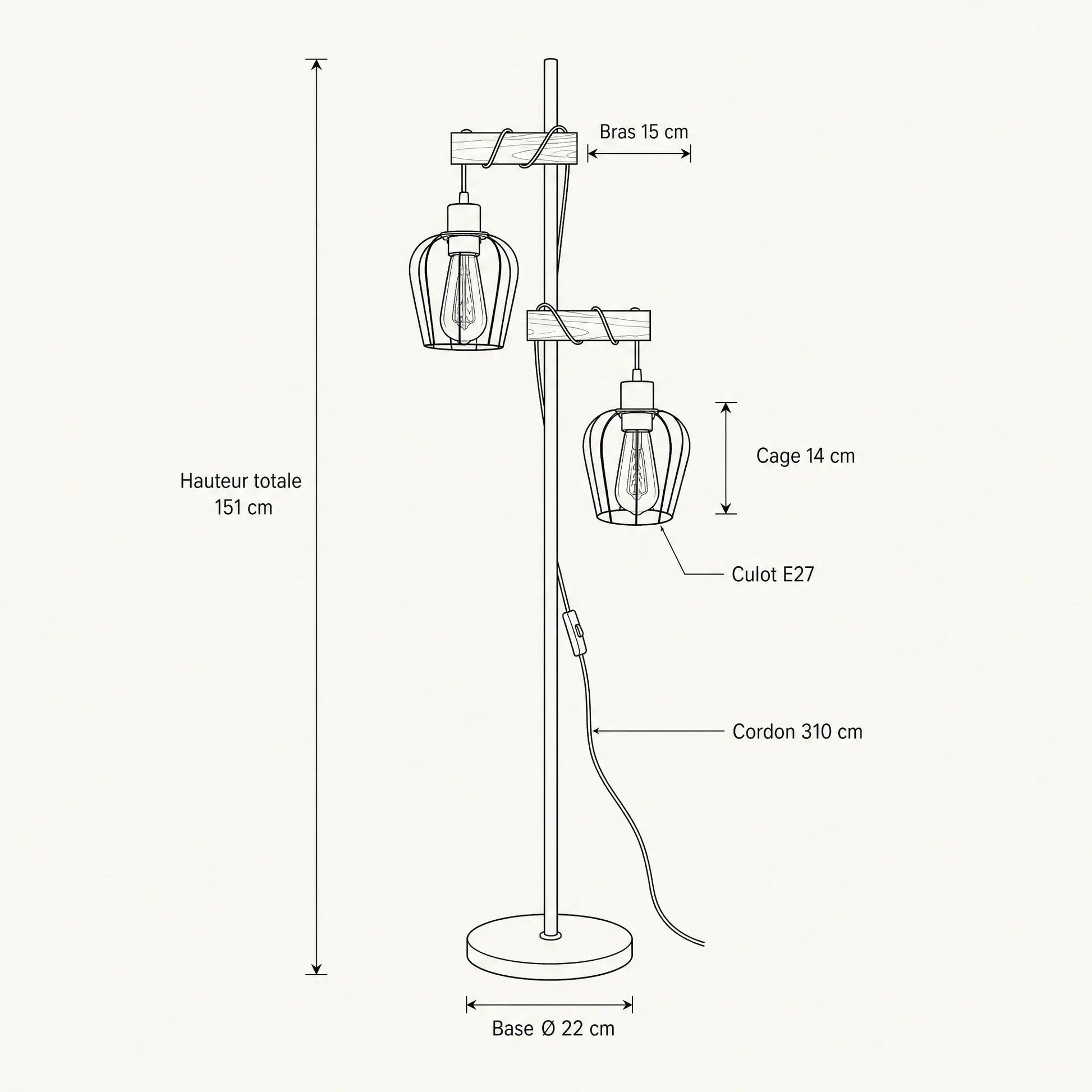 Schéma coté du lampadaire Lignéa, hauteur 151 cm et base 22 cm | Delvanie