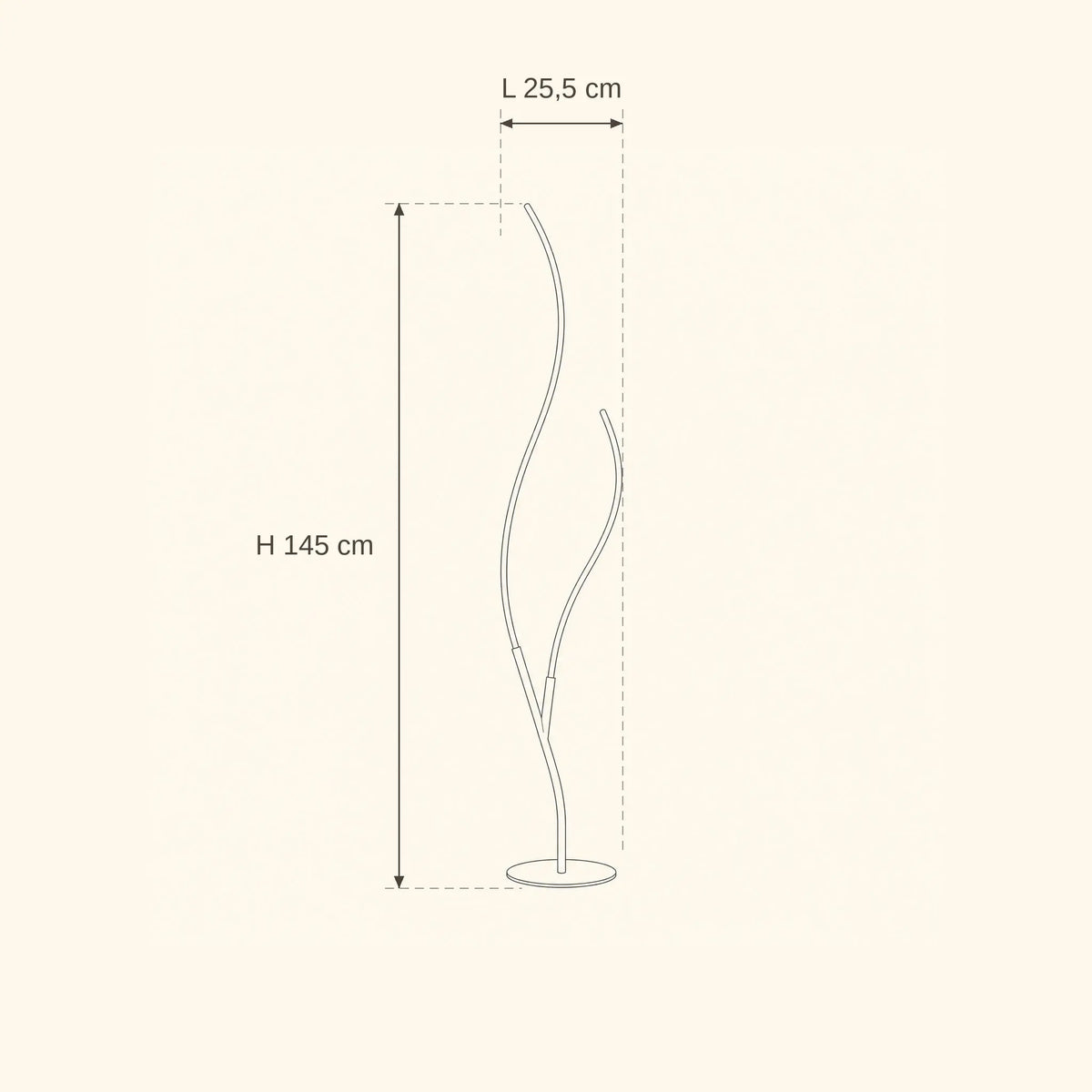 Schéma coté du lampadaire LED Ramillo, hauteur 145 cm et largeur 25,5 cm