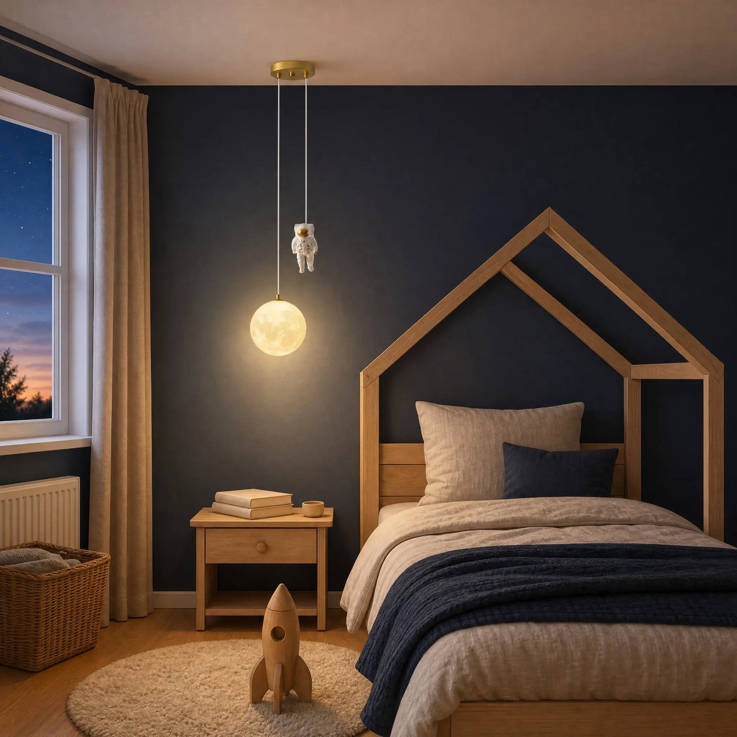 Lampe astronaute allumée au crépuscule dans une chambre de garçon au lit cabane | Delvanie