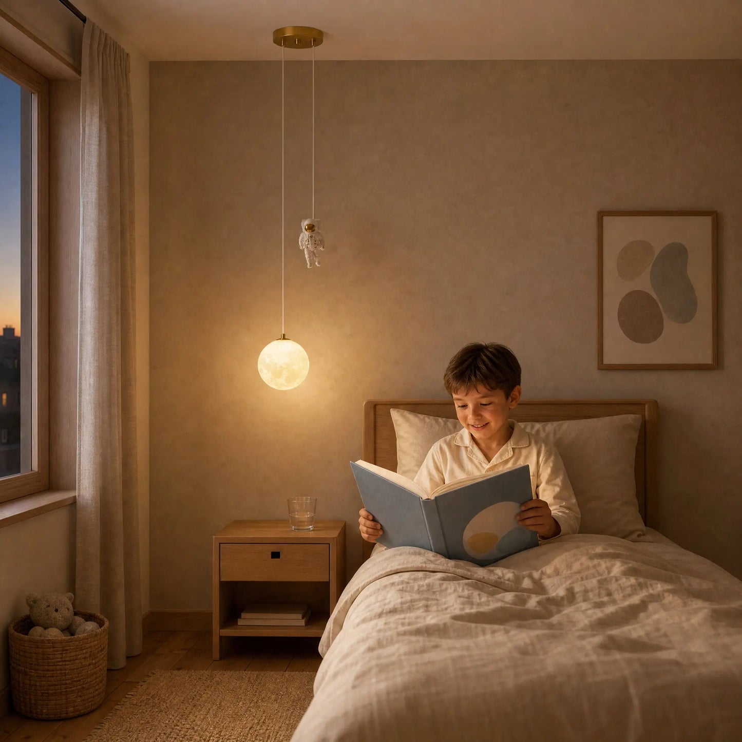 Enfant lisant sous la lampe astronaute allumée à l'heure du coucher | Delvanie