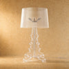 Lampe baroque Rivento en acrylique transparent, colonne à volutes et abat-jour cannelé, vue de face