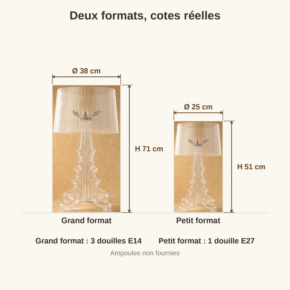 Schéma coté de la lampe baroque Rivento, grand format Ø 38 x H 71 cm et petit format Ø 25 x H 51 cm