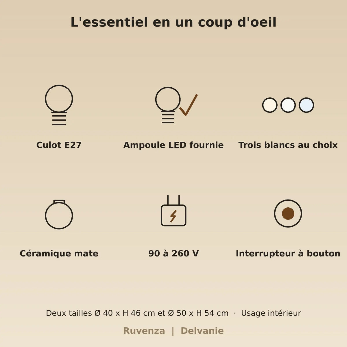Caractéristiques, culot E27, ampoule LED fournie, trois blancs au choix, 90 à 260 V | Delvanie