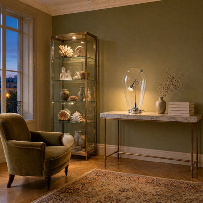 Lampe chromée allumée sur une console de marbre dans un salon cabinet de curiosités | Delvanie