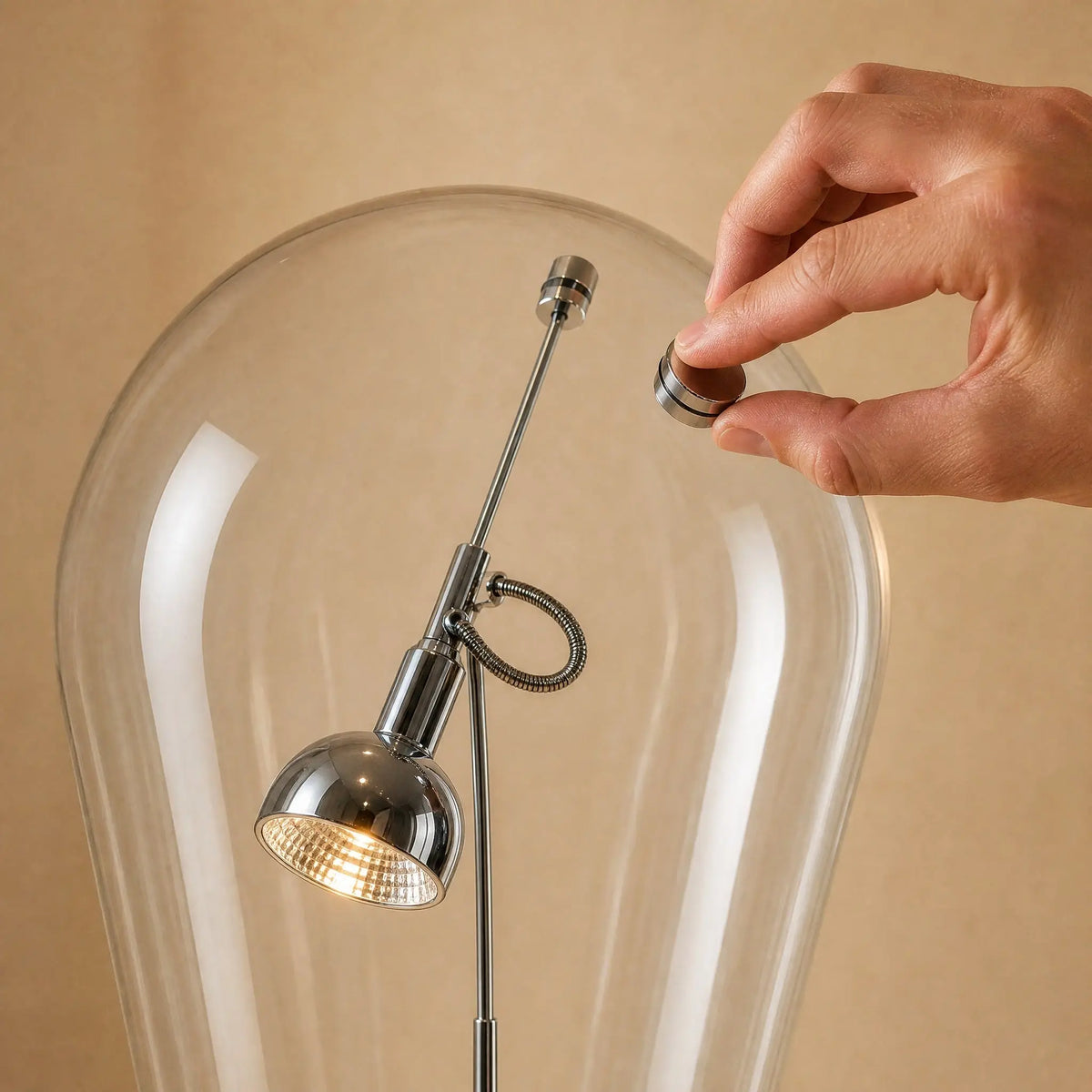 Détail du palet aimanté qui oriente le projecteur à travers le verre | Delvanie