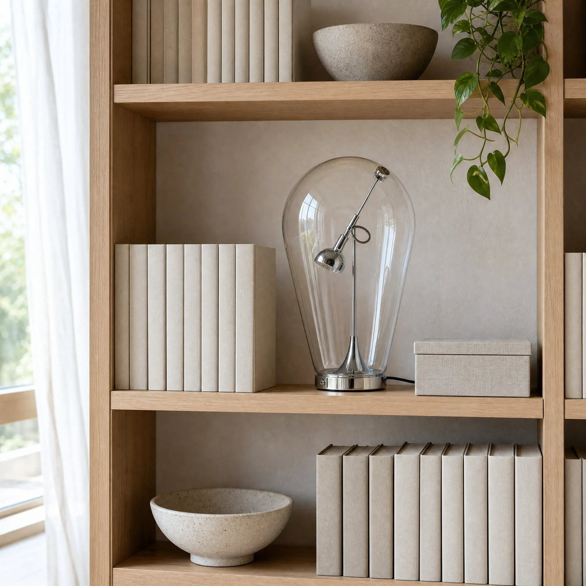 Lampe chromée posée sur une étagère de bibliothèque japandi en plein jour | Delvanie