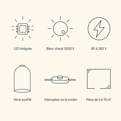 Caractéristiques de la lampe chromée, LED intégrée, blanc chaud 3000 K, 90 à 260 V | Delvanie