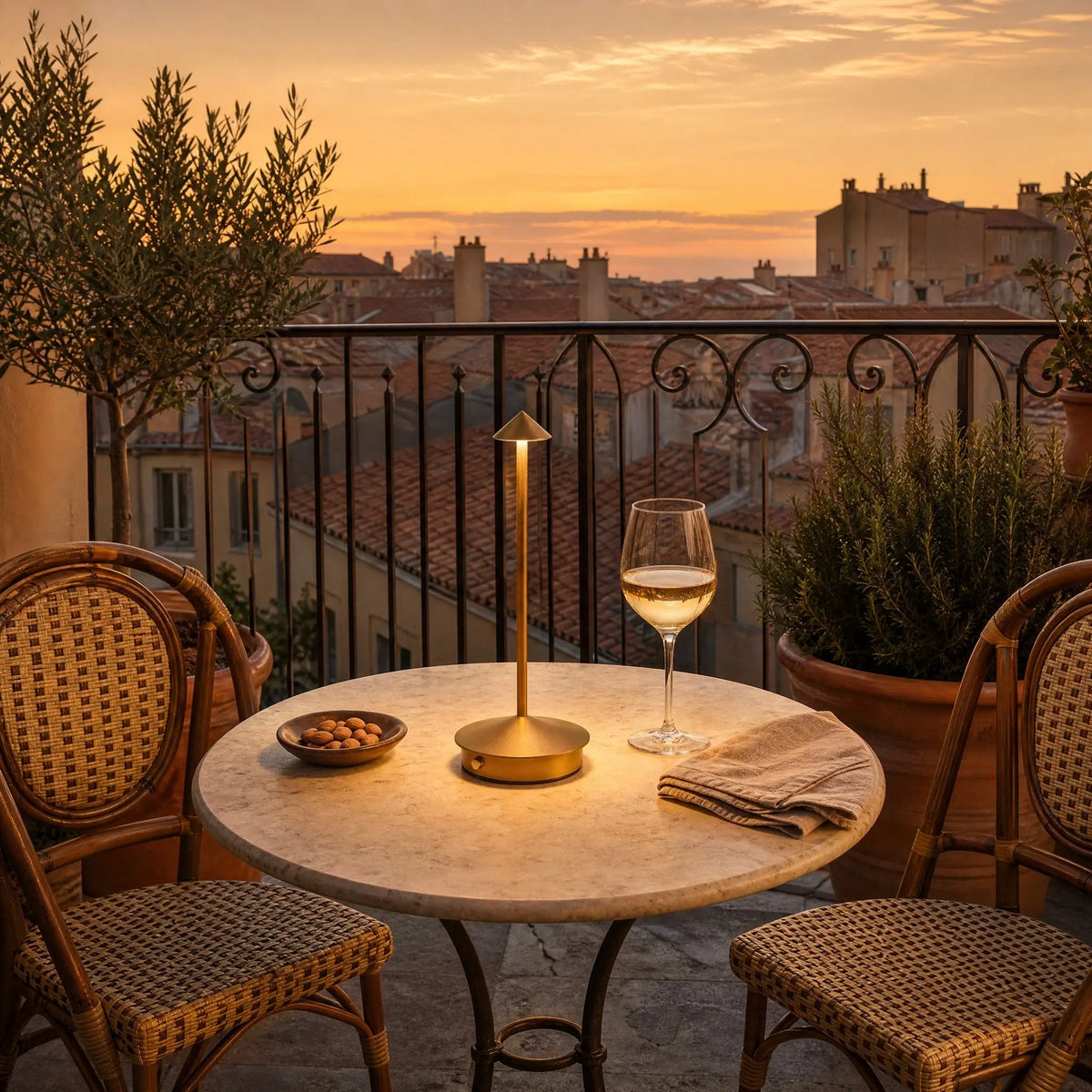 Lampe de table sans fil doree allumee sur une table de terrasse au coucher du soleil