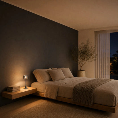 Lampe rechargeable Sévali gris fumé en veilleuse sur un chevet flottant en chêne, chambre contemporaine la nuit | Delvanie