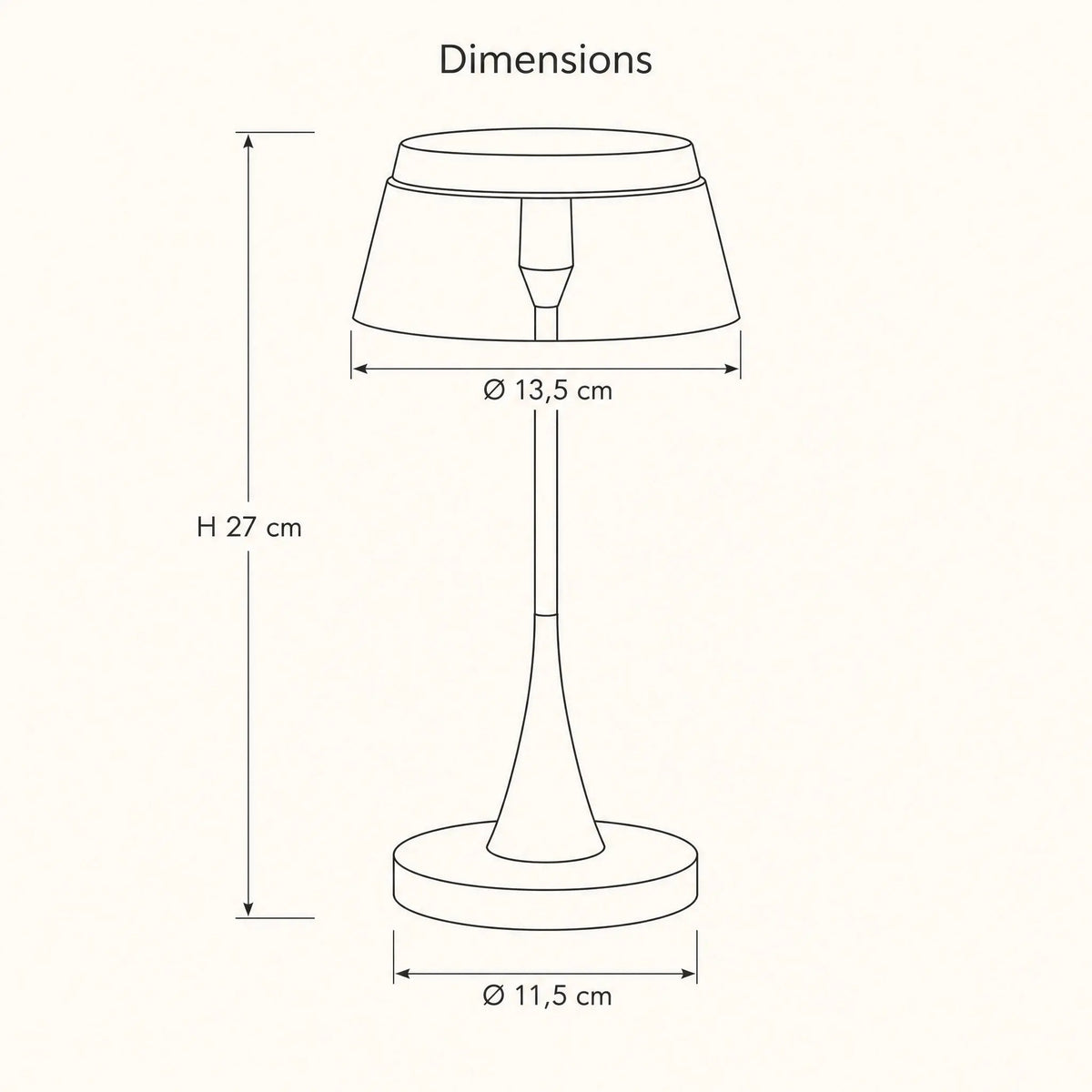 Schéma coté de la lampe rechargeable Sévali, abat-jour 13,5 cm, hauteur 27 cm, socle 11,5 cm | Delvanie