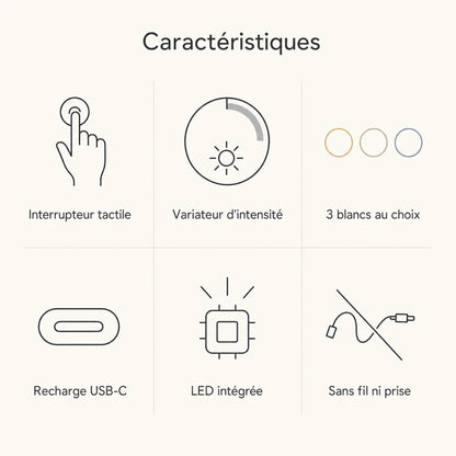 Caractéristiques de la lampe Sévali, interrupteur tactile, variateur, trois blancs, recharge USB-C, LED intégrée, sans fil | Delvanie