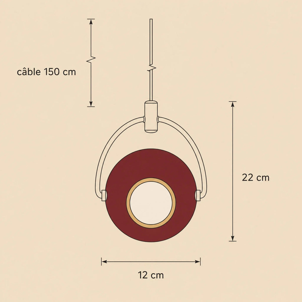 Schéma coté de la suspension Eravia, globe 12 cm, hauteur 22 cm, câble 150 cm ajustable | Delvanie