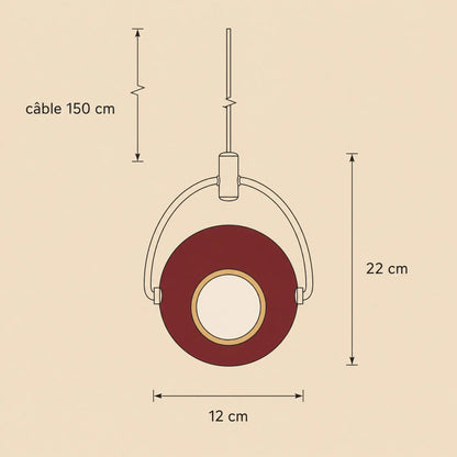 Schéma coté de la suspension Eravia, globe 12 cm, hauteur 22 cm, câble 150 cm ajustable | Delvanie