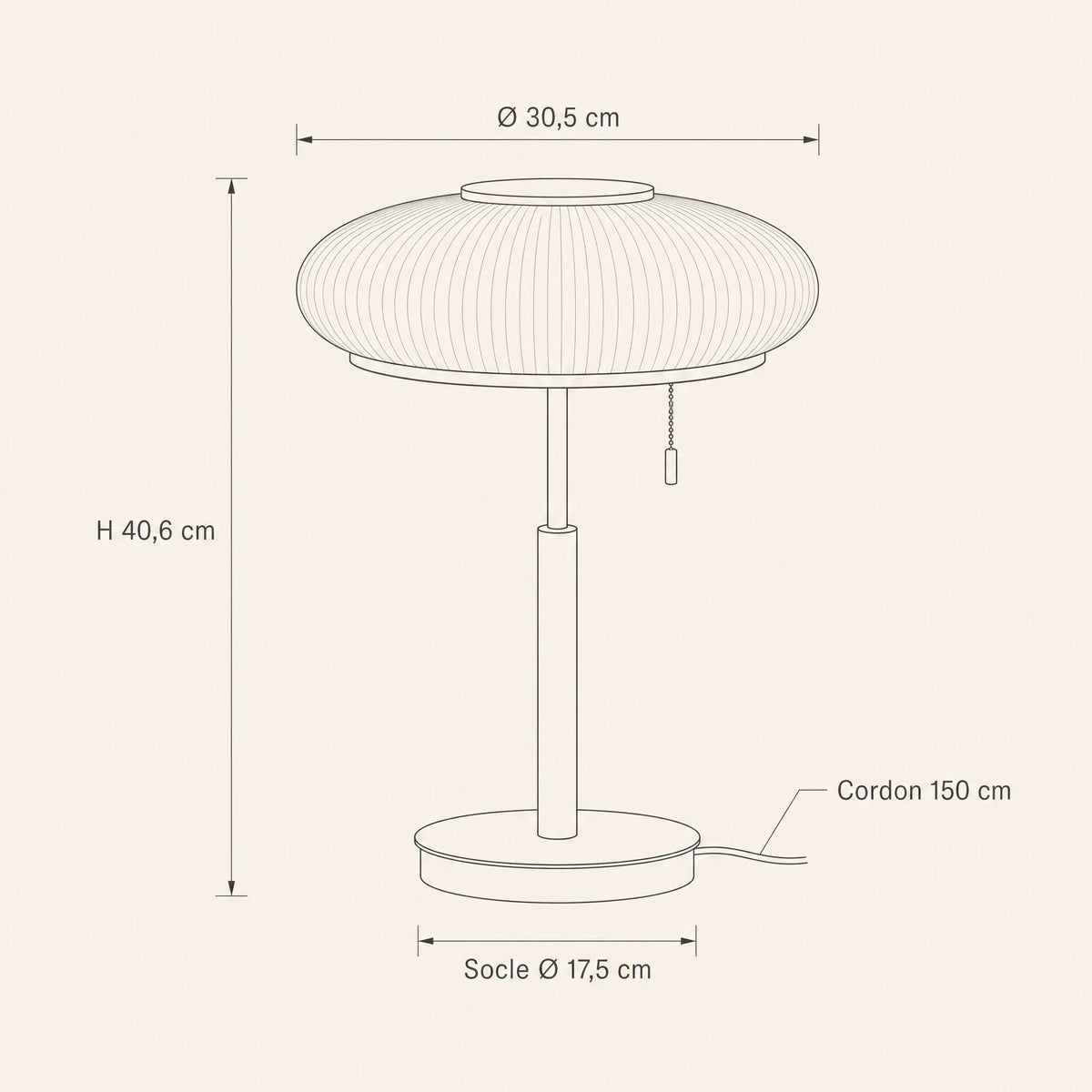 Schéma coté de la lampe vintage Milari, diamètre 30,5 cm et hauteur 40,6 cm | Delvanie
