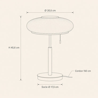 Schéma coté de la lampe vintage Milari, diamètre 30,5 cm et hauteur 40,6 cm | Delvanie