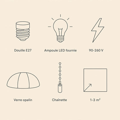 Caractéristiques de la lampe vintage Milari, douille E27 et ampoule LED fournie | Delvanie