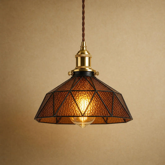 Lampe vitrail Mosaira, coupole facettée en verre cathédrale brun thé sertie de plomb noir
