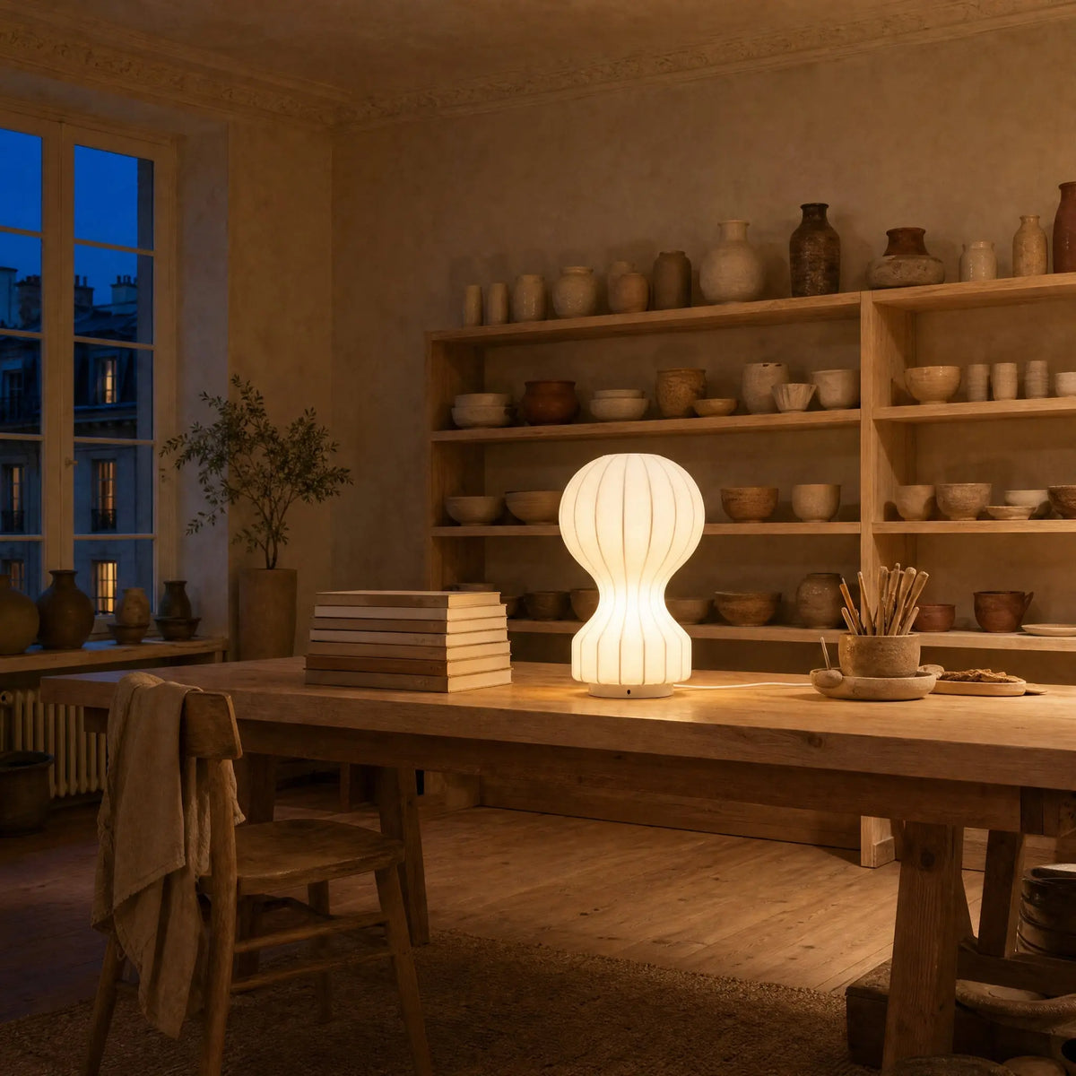 Lampe d'ambiance allumee sur l'etabli d'un atelier de ceramiste au crepuscule | Delvanie