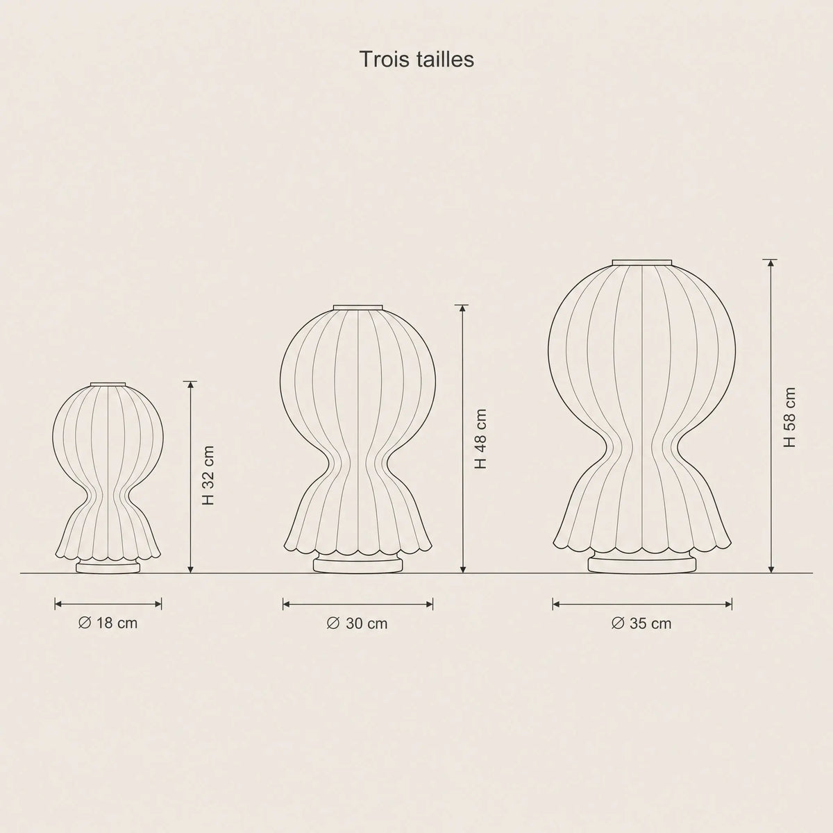 Schema cote des trois tailles de la lampe d'ambiance cocon | Delvanie