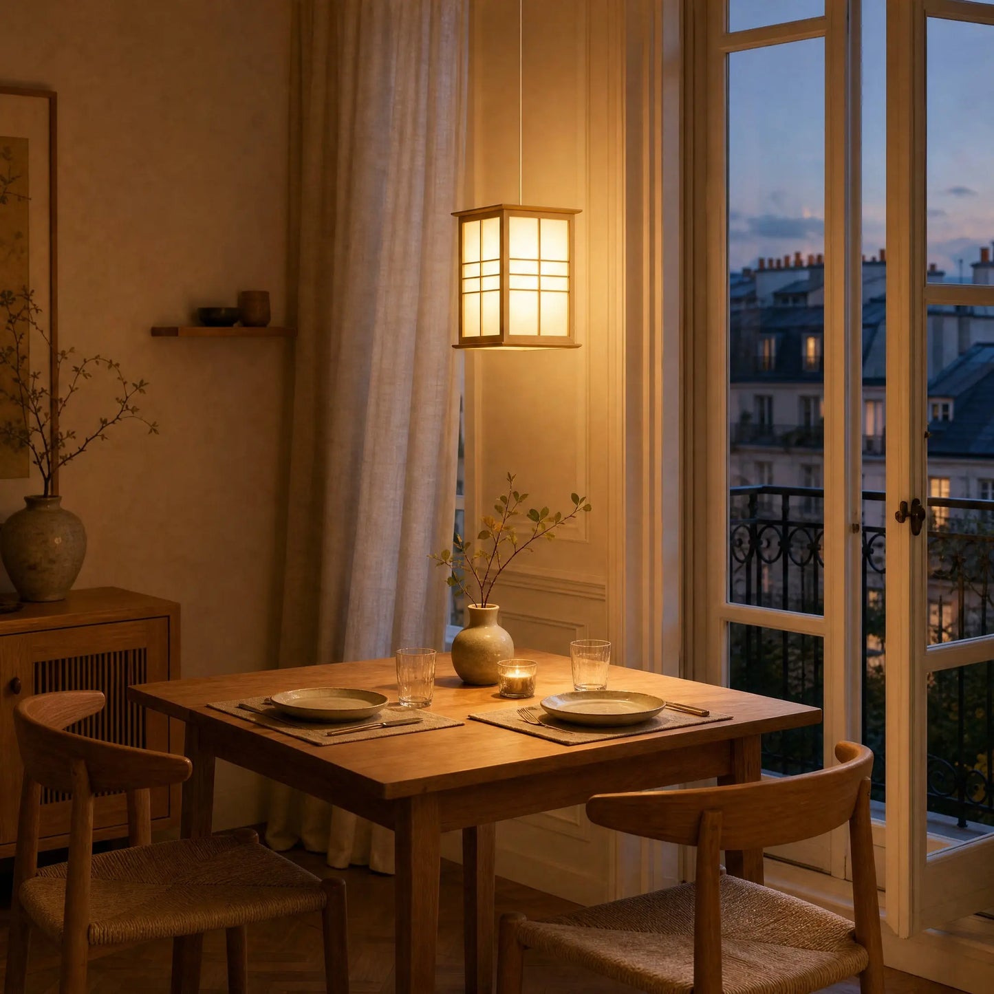 Lanterne japonaise Washiya allumée au-dessus d'une table de coin repas au crépuscule, balcon urbain en fond | Delvanie